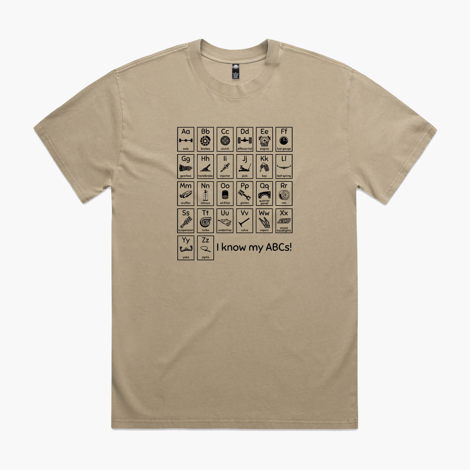 Khaki oversized t-shirt with a print of an automotive-themed alphabet chart with car parts for each letter.