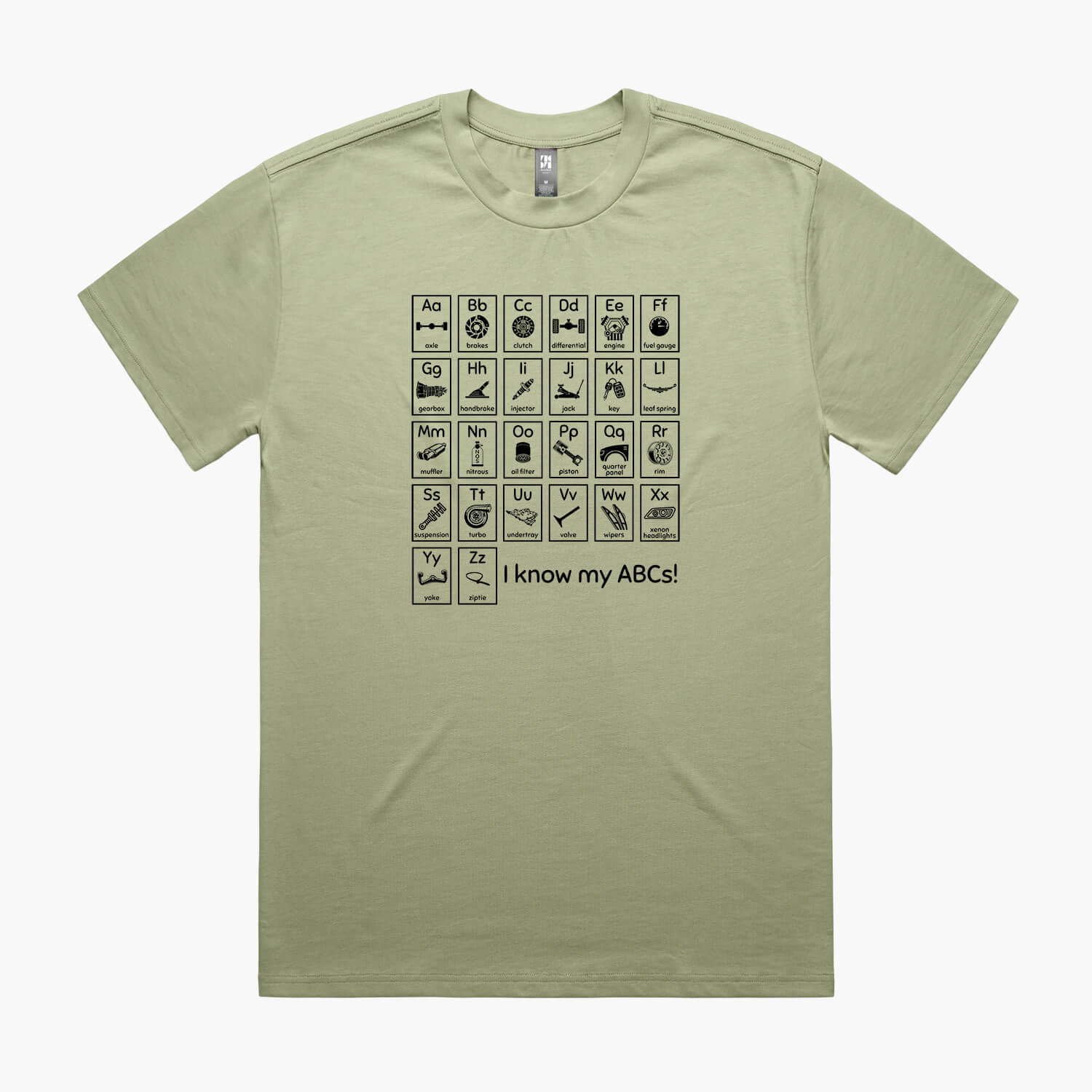 Pistachio oversized t-shirt with a print of an automotive-themed alphabet chart with car parts for each letter.