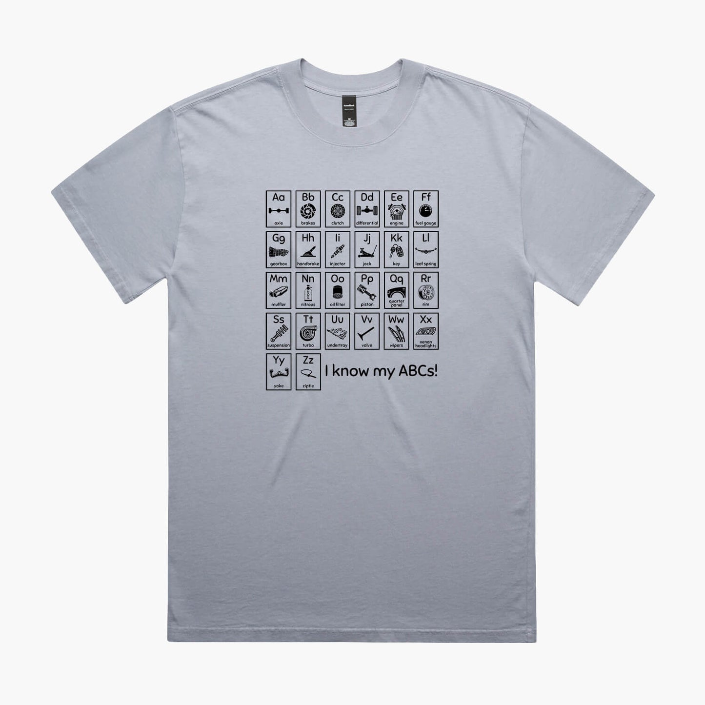 Powder oversized t-shirt with a print of an automotive-themed alphabet chart with car parts for each letter.