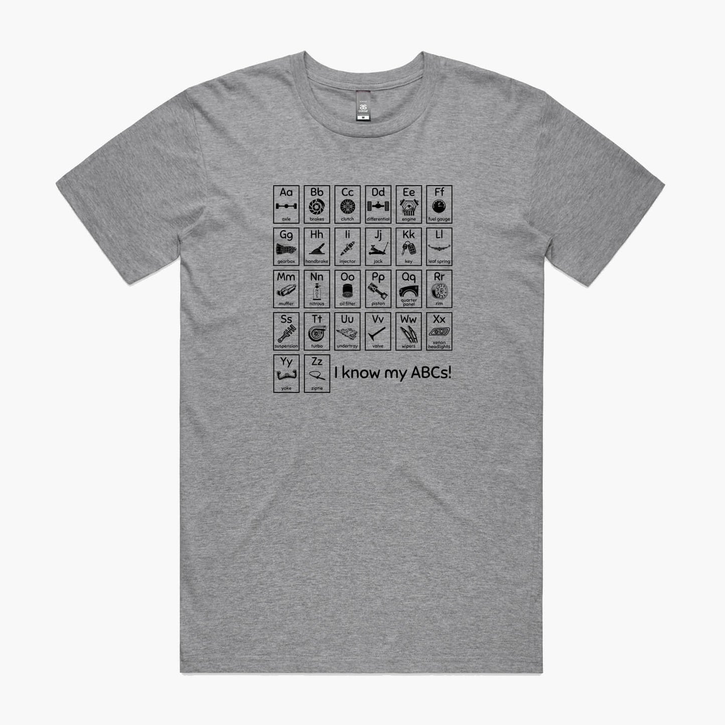 Grey t-shirt with "Car Guy Alphabet" print featuring an automotive-themed alphabet chart with car parts for each letter.