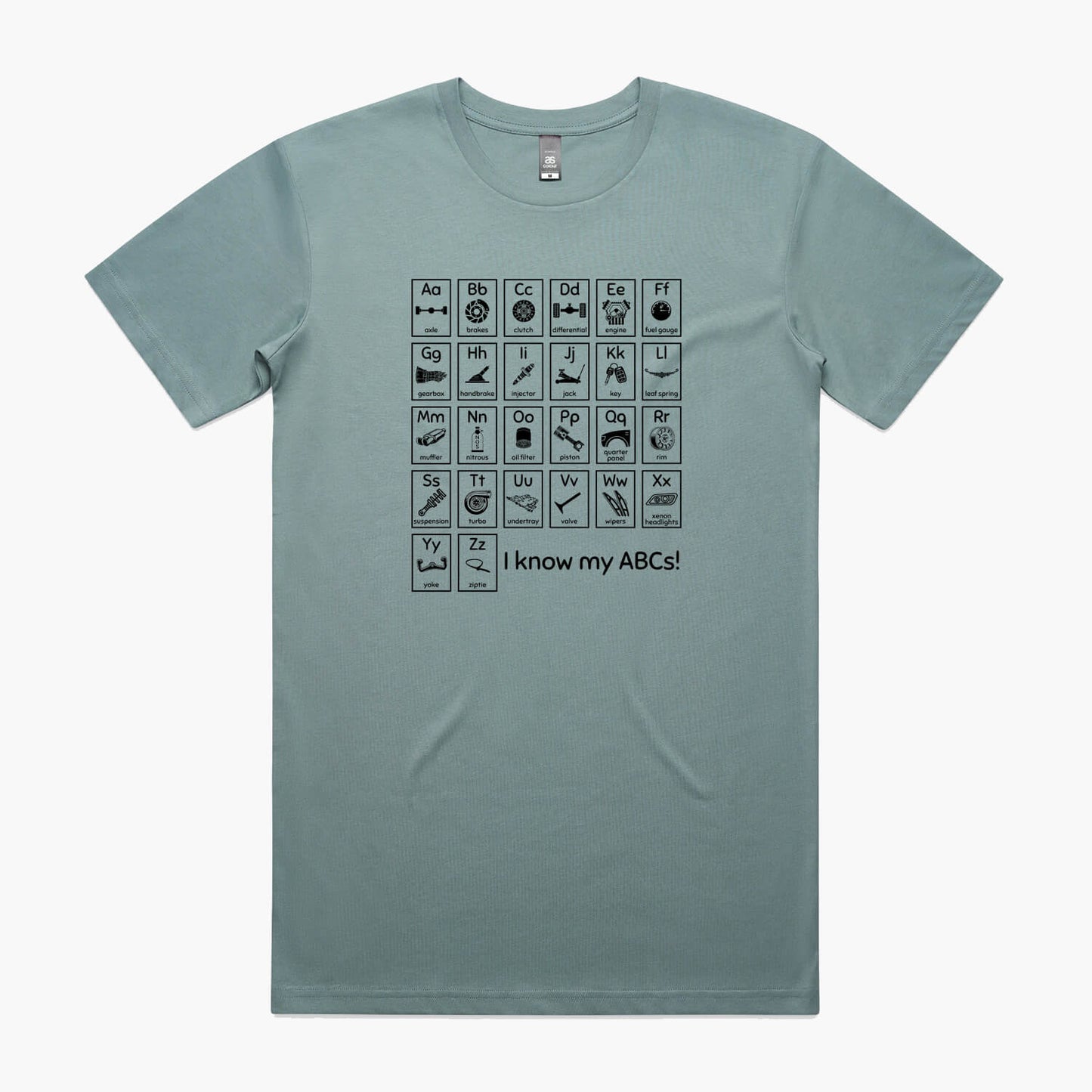 Mineral t-shirt with "Car Guy Alphabet" print featuring an automotive-themed alphabet chart with car parts for each letter.