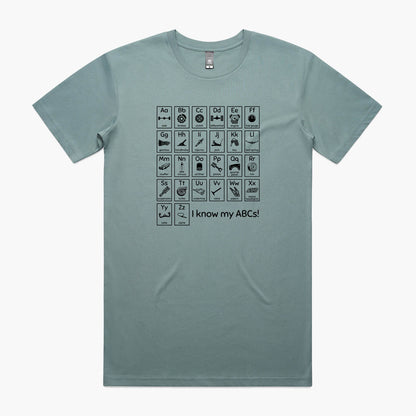 Mineral t-shirt with "Car Guy Alphabet" print featuring an automotive-themed alphabet chart with car parts for each letter.