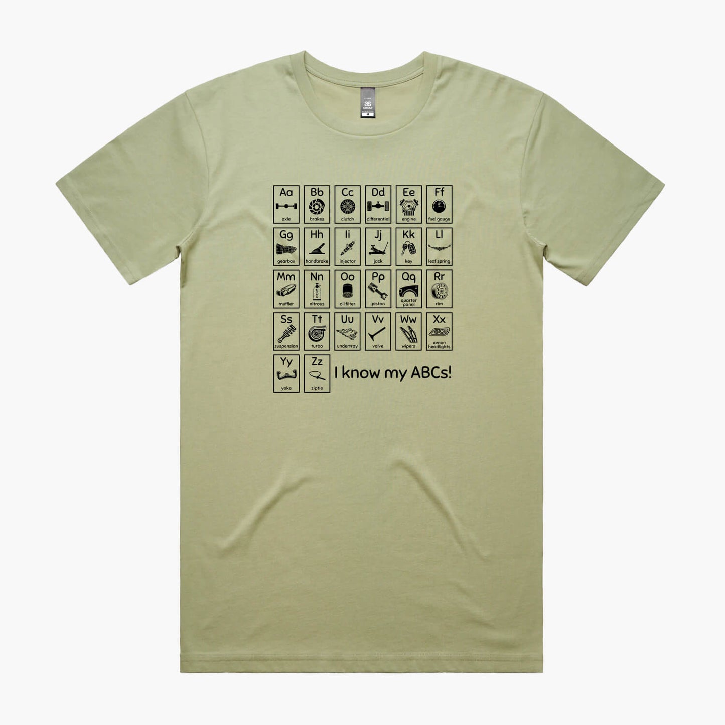 Pistachio t-shirt with "Car Guy Alphabet" print featuring an automotive-themed alphabet chart with car parts for each letter.