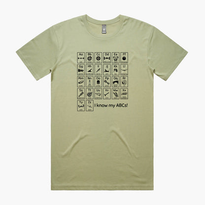 Pistachio t-shirt with "Car Guy Alphabet" print featuring an automotive-themed alphabet chart with car parts for each letter.