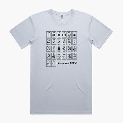 Blue t-shirt with "Car Guy Alphabet" print featuring an automotive-themed alphabet chart with car parts for each letter.