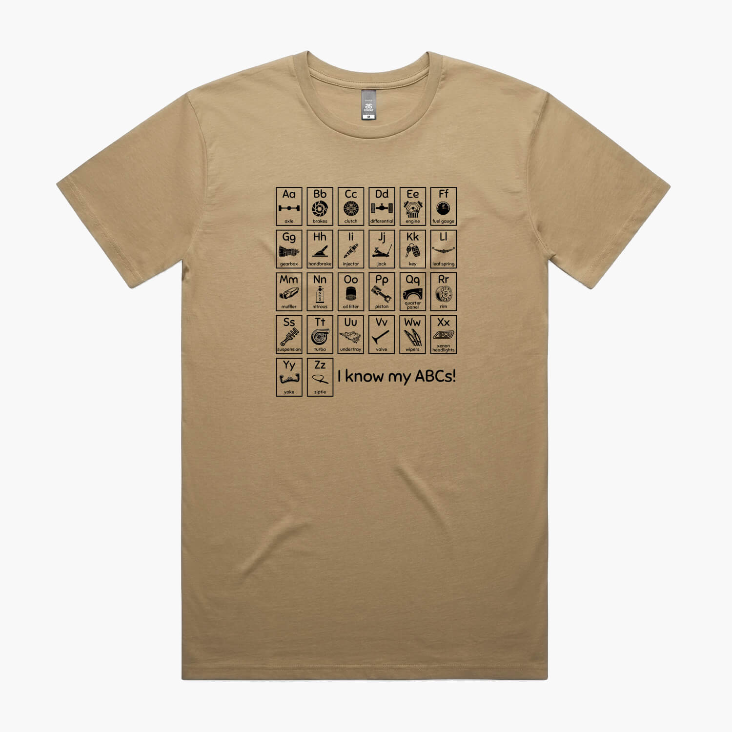 Sand t-shirt with "Car Guy Alphabet" print featuring an automotive-themed alphabet chart with car parts for each letter.