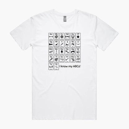 White t-shirt with "Car Guy Alphabet" print featuring an automotive-themed alphabet chart with car parts for each letter.