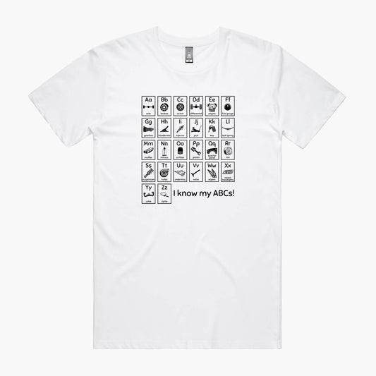 White t-shirt with "Car Guy Alphabet" print featuring an automotive-themed alphabet chart with car parts for each letter.