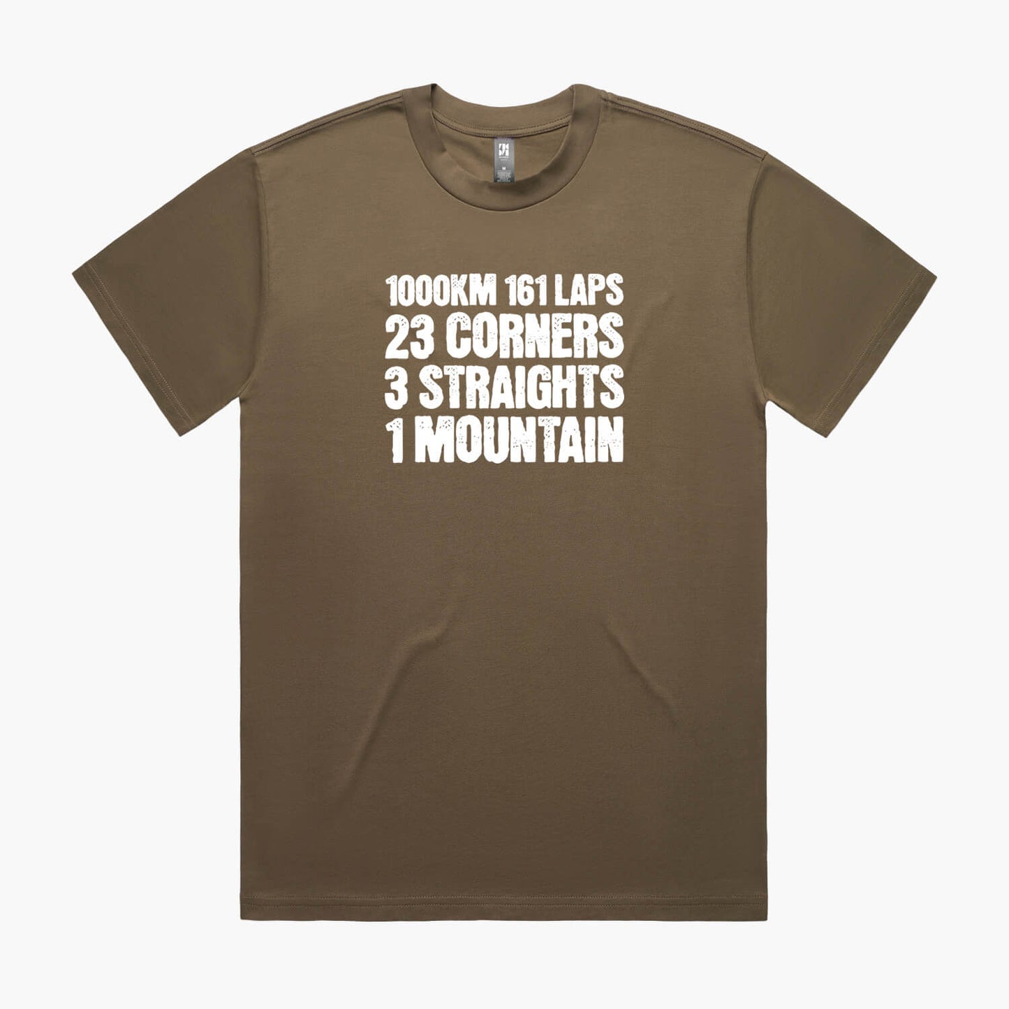 Walnut oversized t-shirt featuring a white Bathurst 1000 race slogan print on the chest.