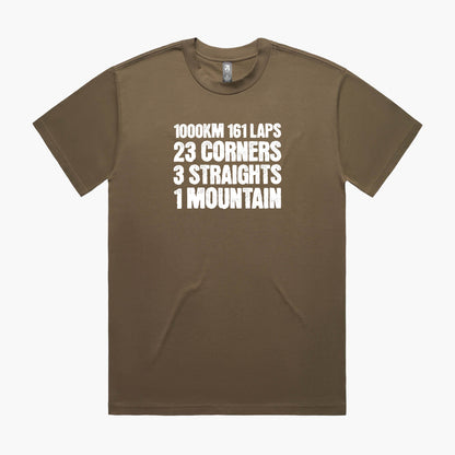 Walnut oversized t-shirt featuring a white Bathurst 1000 race slogan print on the chest.