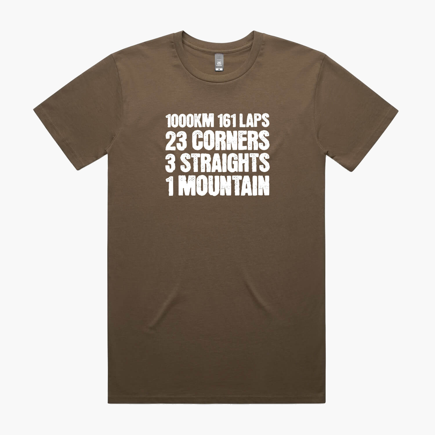 Walnut brown t-shirt featuring a white Bathurst 1000 race slogan print on the chest.