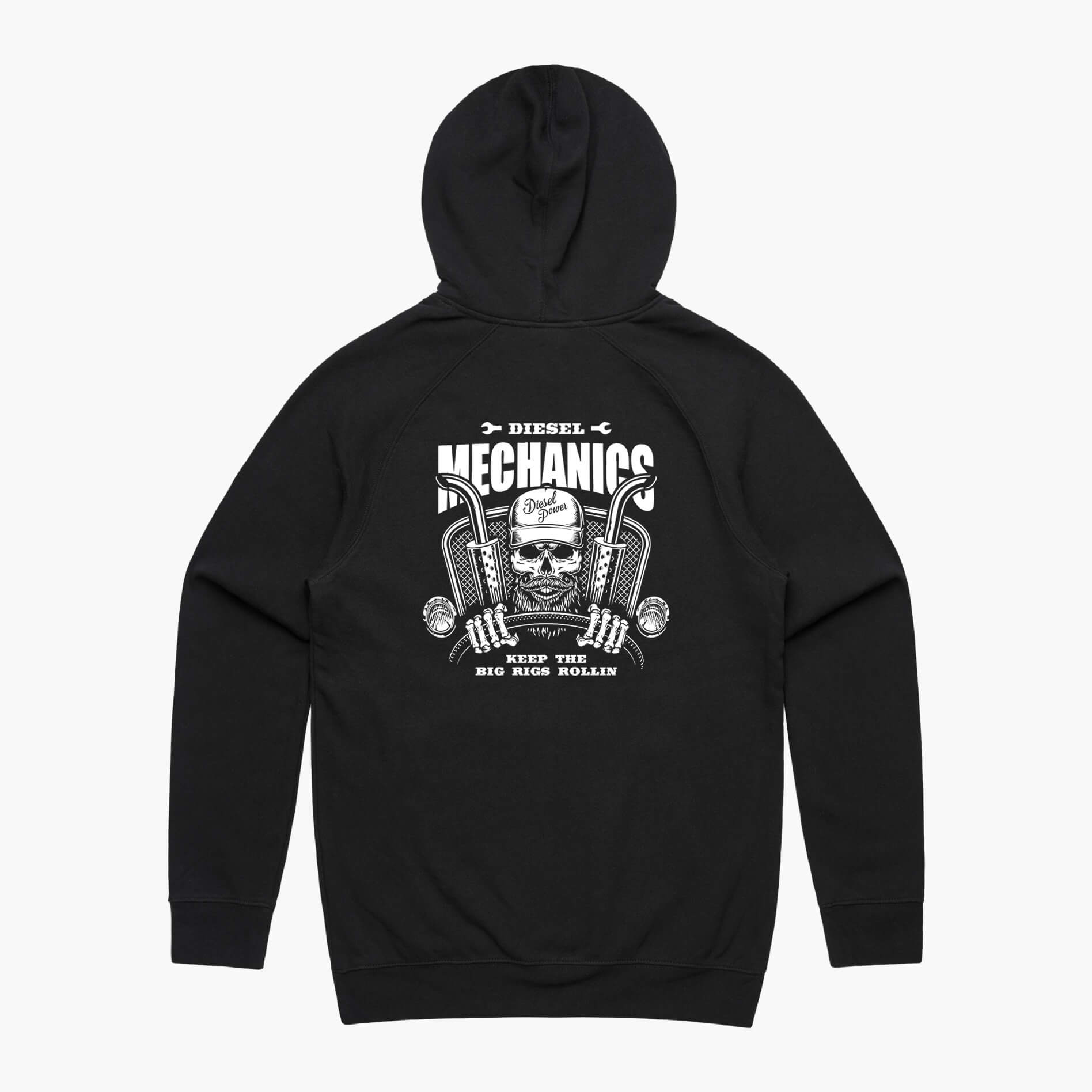 Black hoodie back view featuring a skeleton truck driver and slogan 'Diesel Mechanics Keep the Big Rigs Rollin'