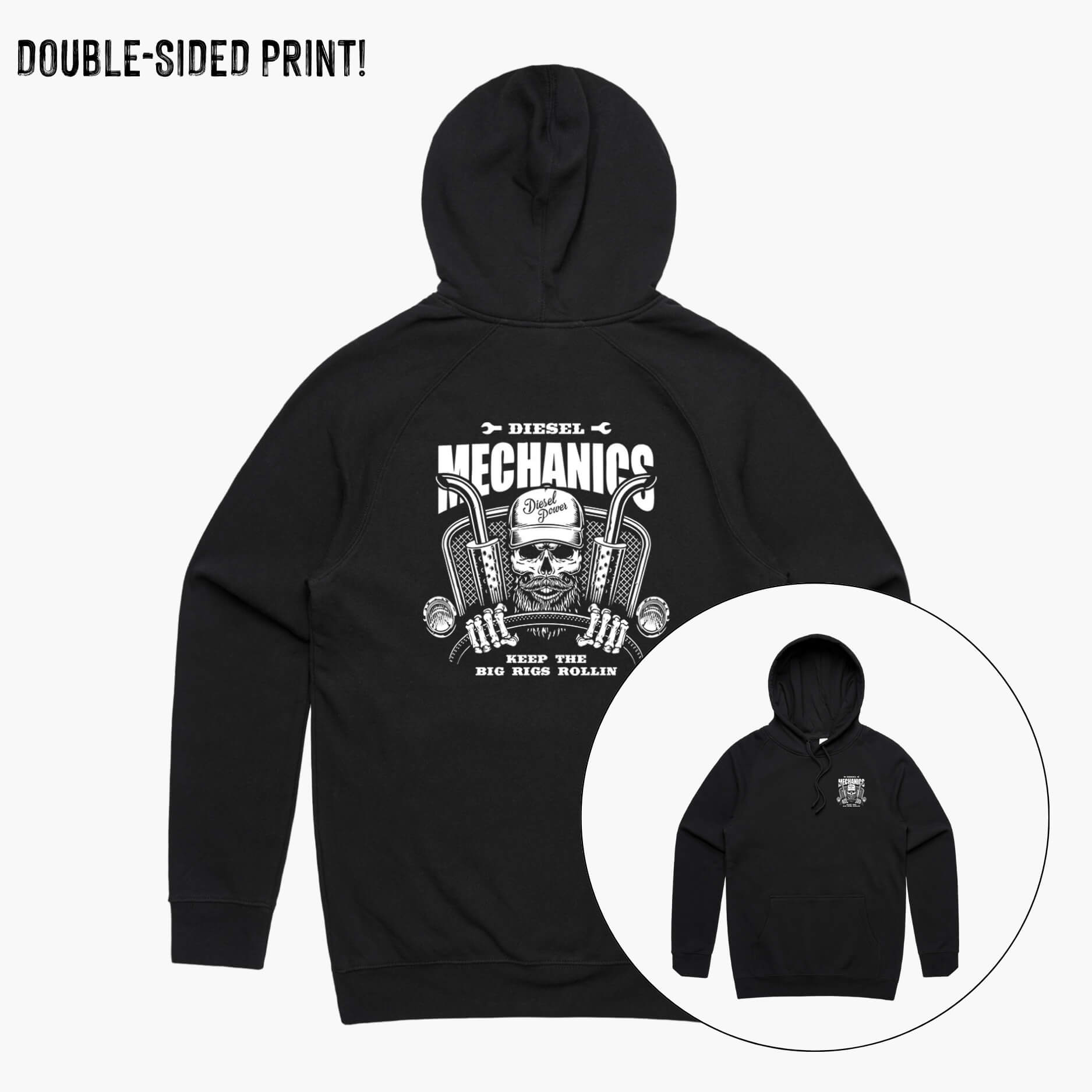 Front and back view of a black hoodie with skeleton truck driver Diesel Mechanic print