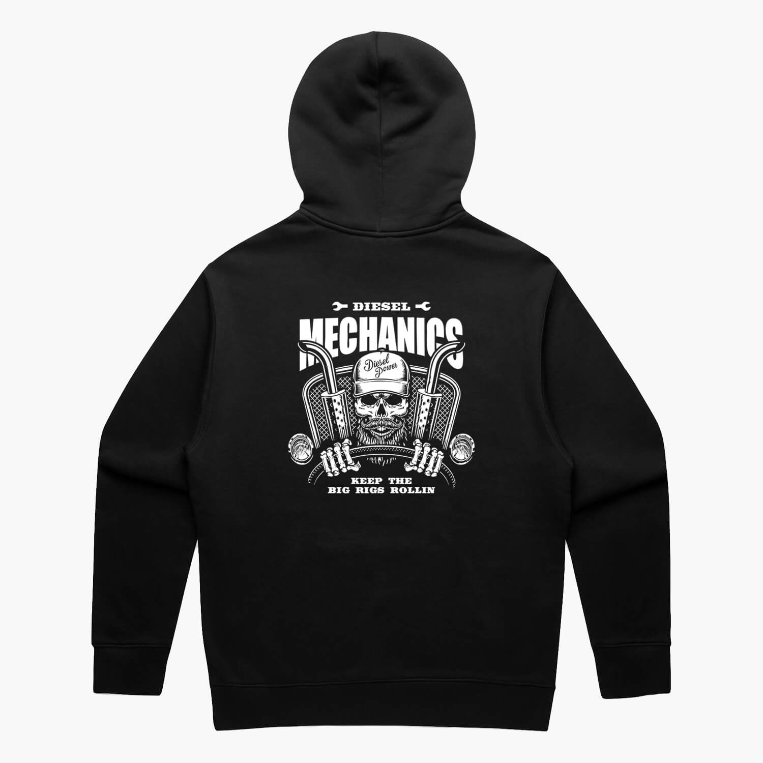 Black oversized hoodie back view featuring a skeleton truck driver and slogan 'Diesel Mechanics Keep the Big Rigs Rollin'