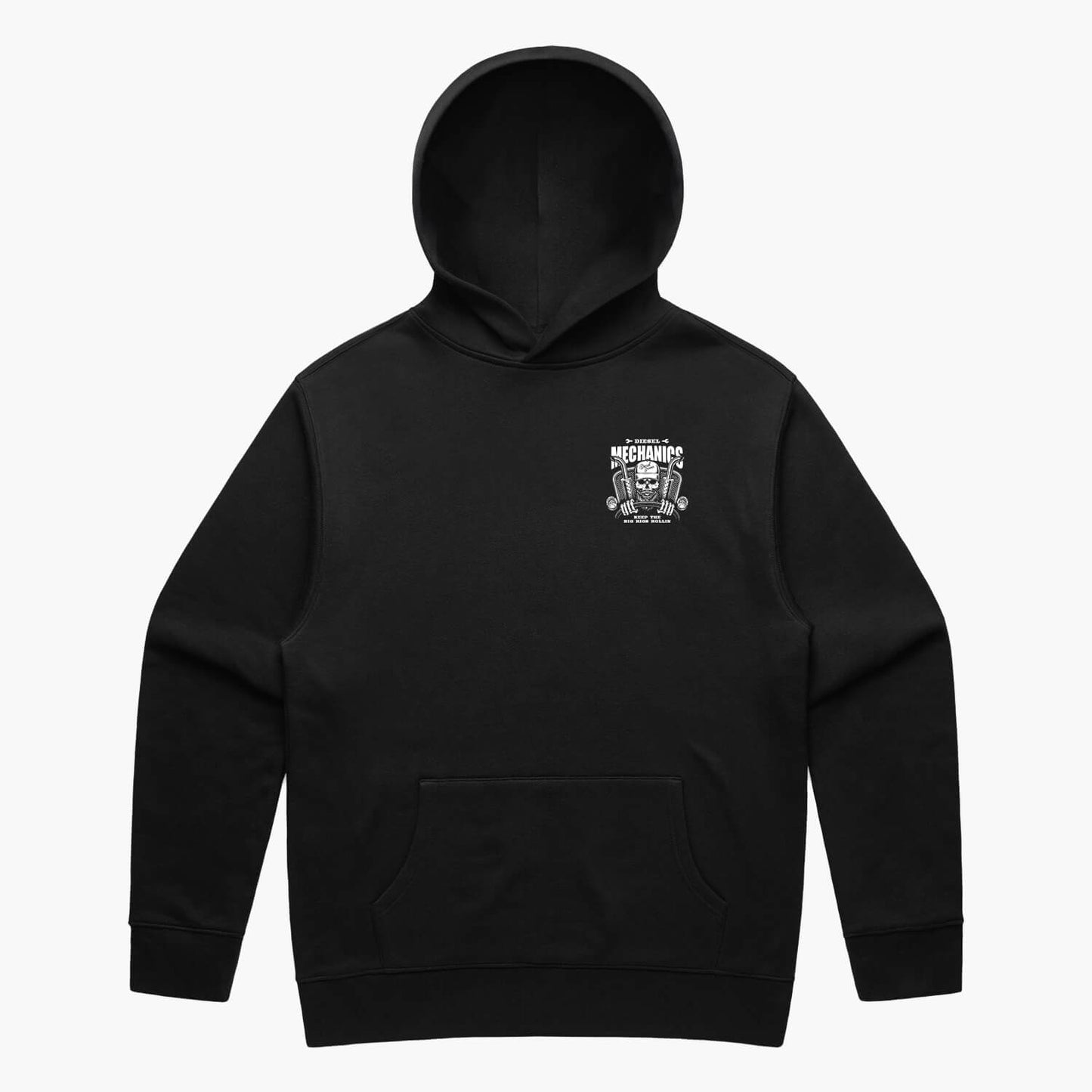 Black oversized hoodie featuring a skeleton truck driver and slogan 'Diesel Mechanics Keep the Big Rigs Rollin'