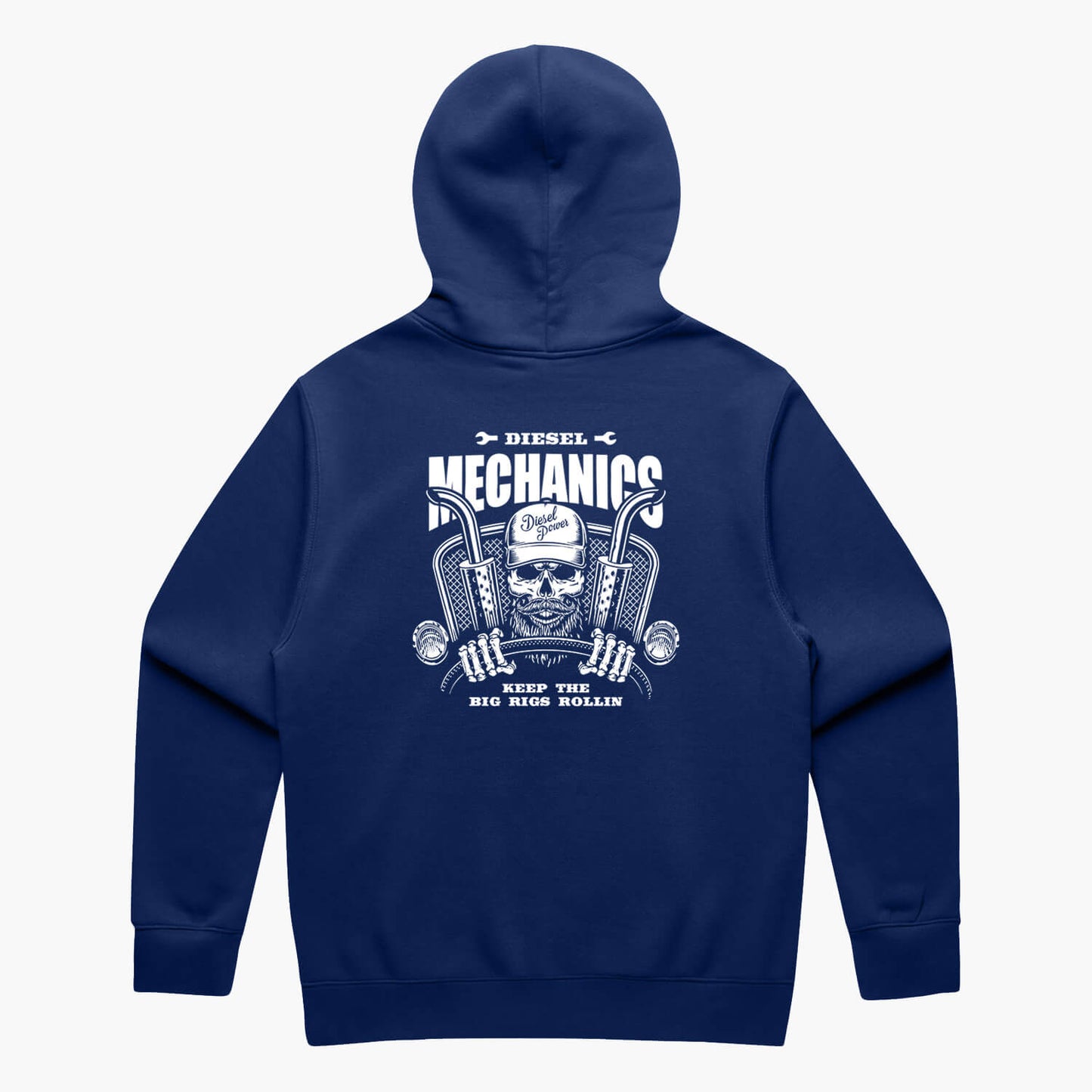 Blue hoodie back view featuring a skeleton truck driver and slogan 'Diesel Mechanics Keep the Big Rigs Rollin'