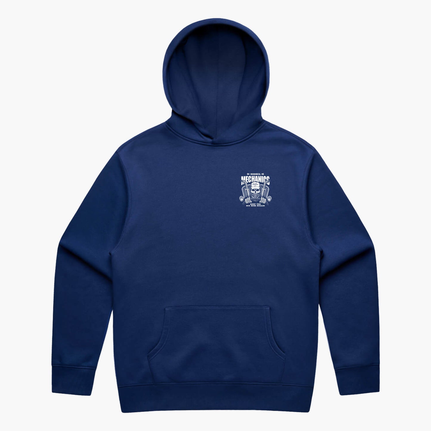 Blue hoodie featuring a skeleton truck driver and slogan 'Diesel Mechanics Keep the Big Rigs Rollin'