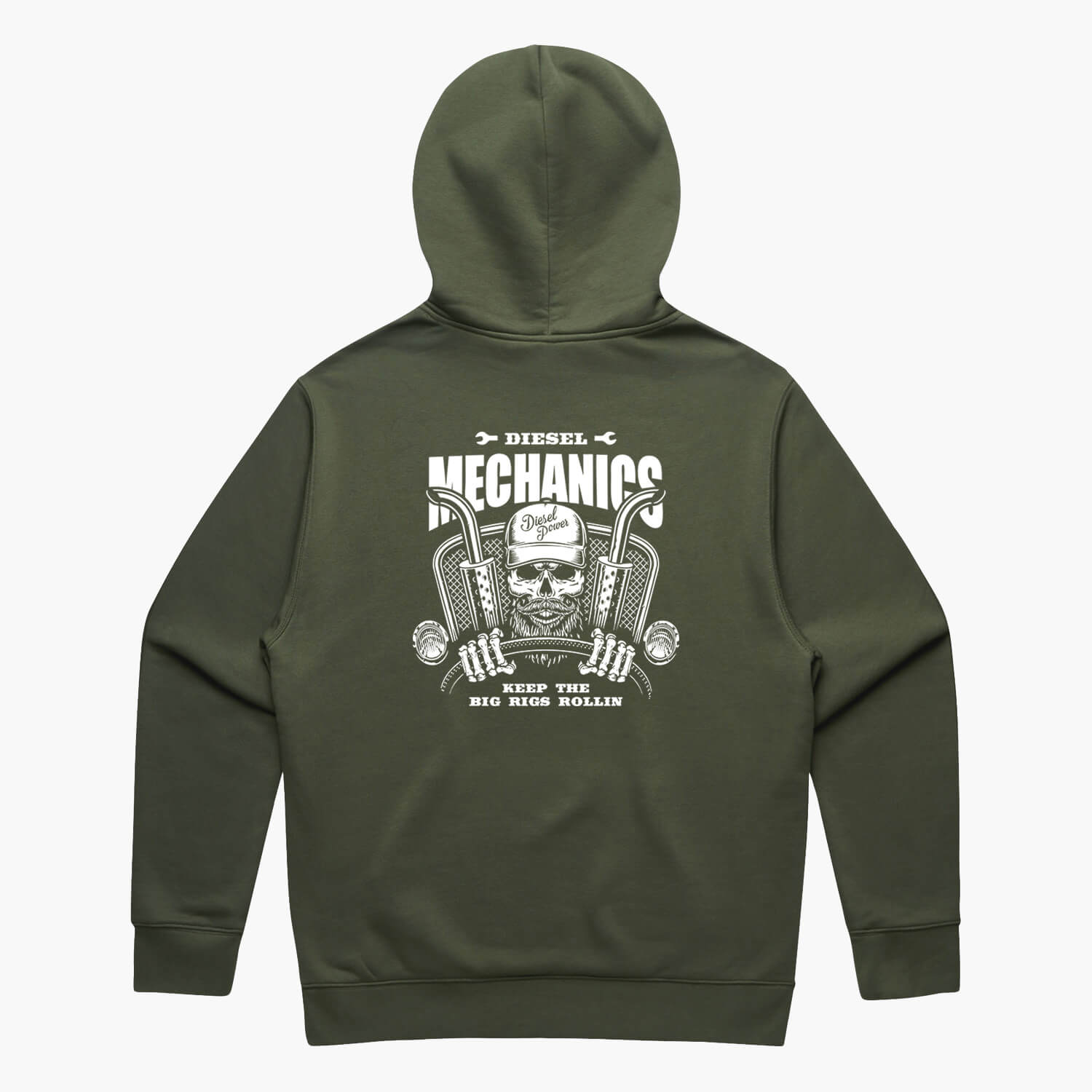 Green hoodie back view featuring a skeleton truck driver and slogan 'Diesel Mechanics Keep the Big Rigs Rollin'