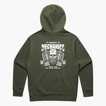 Green hoodie back view featuring a skeleton truck driver and slogan 'Diesel Mechanics Keep the Big Rigs Rollin'