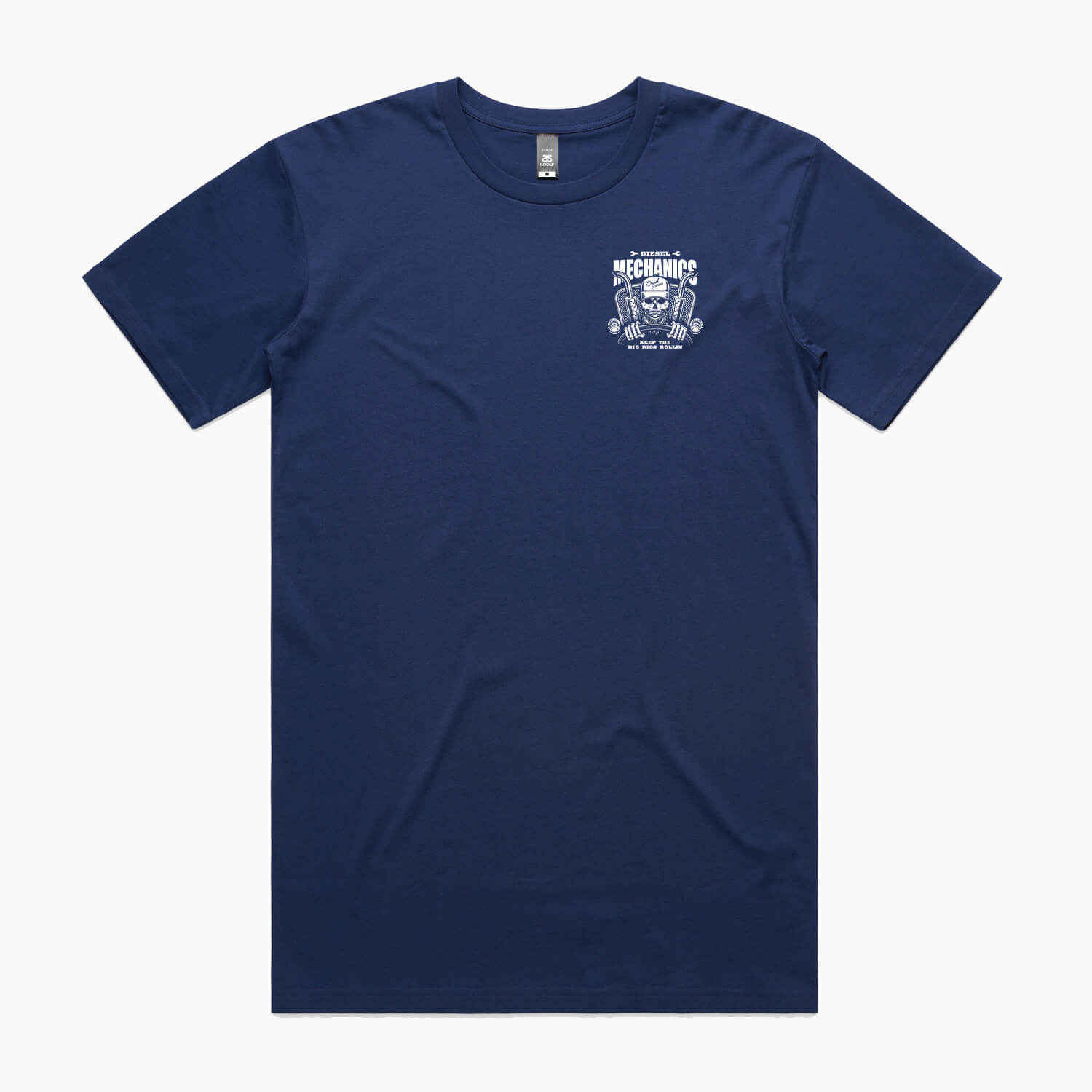 Cobalt blue t-shirt featuring a skeleton truck driver and slogan 'Diesel Mechanics Keep the Big Rigs Rollin'