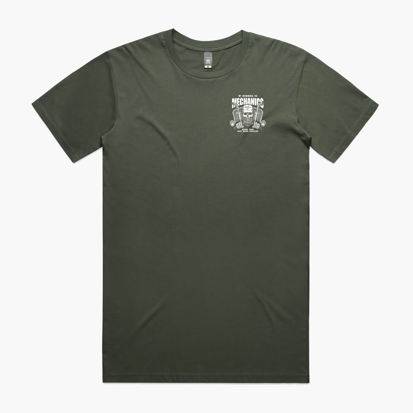 Cypress green t-shirt featuring a skeleton truck driver and slogan 'Diesel Mechanics Keep the Big Rigs Rollin'