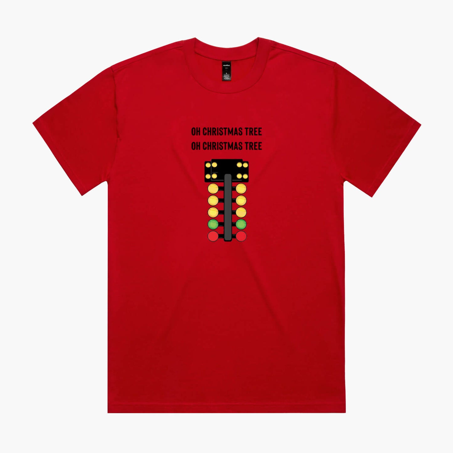 Red oversized t-shirt featuring a drag racing light tree and "Oh Christmas tree" lyrics. 