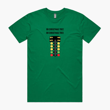 Green t-shirt featuring a drag racing light tree and "Oh Christmas tree" lyrics. 