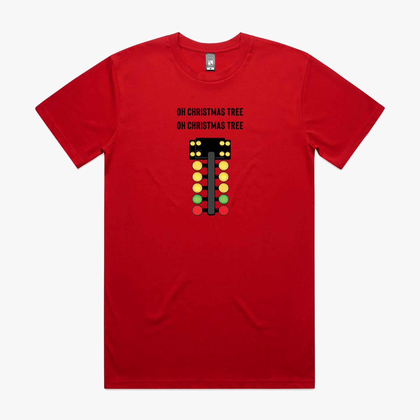 Red t-shirt featuring a drag racing light tree and "Oh Christmas tree" lyrics. 