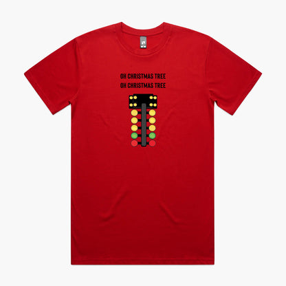 Red t-shirt featuring a drag racing light tree and "Oh Christmas tree" lyrics. 