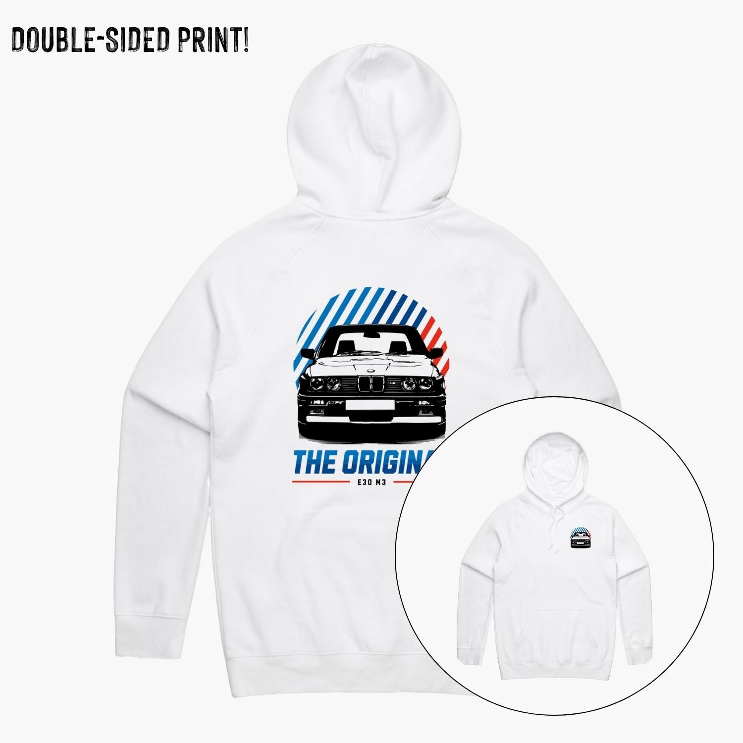 Front and view of a white hoodie featuring a BMW E30 M3 print.