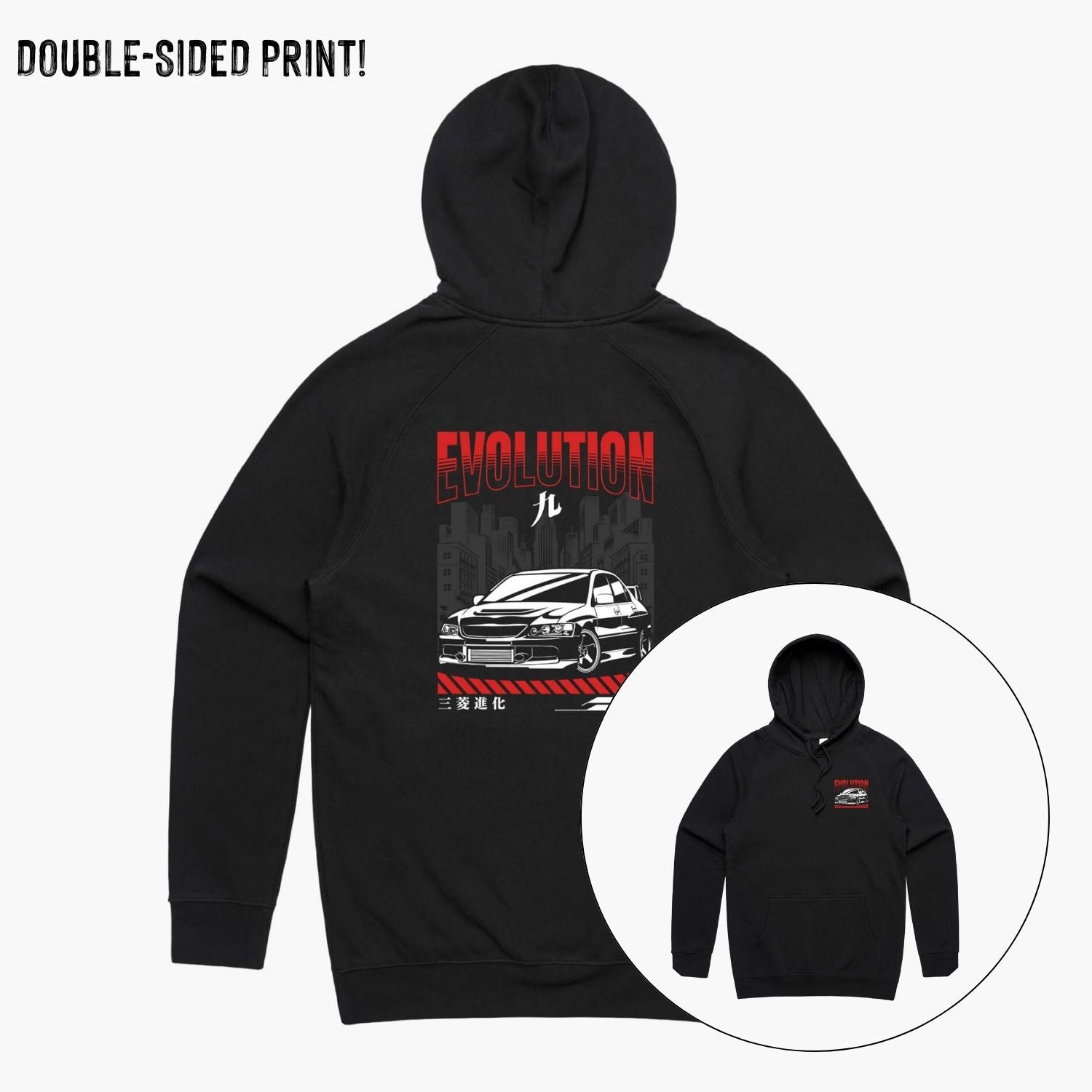 Front and back view of a black hoodie featuring a Japanese street scene with Mitsubishi Evo 9 car.