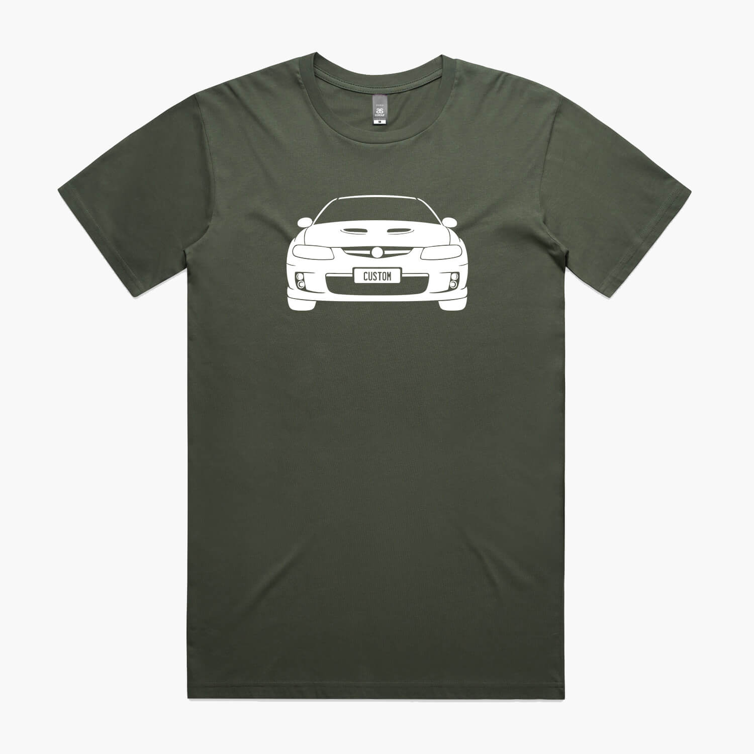 Cypress green t-shirt featuring a Holden Monaro silhouette print with custom number plate.