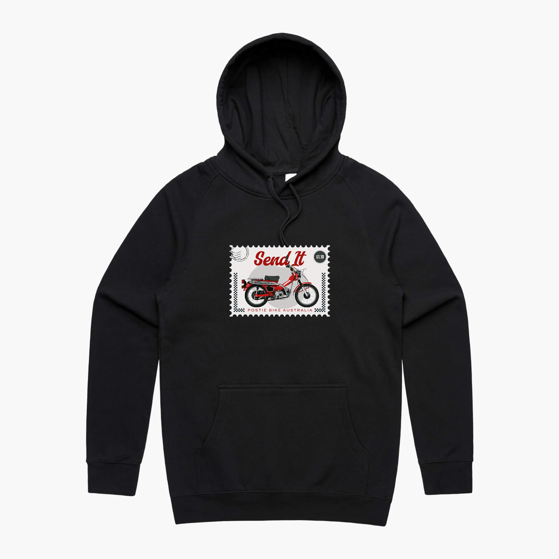 Black hoodie with a postage stamp print featuring a Honda Postie Bike