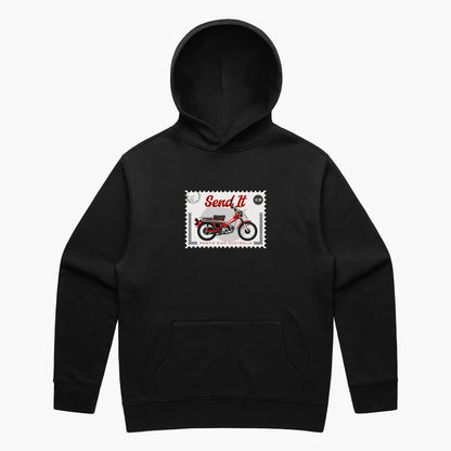 Black relaxed hoodie with a postage stamp print featuring a Honda Postie Bike