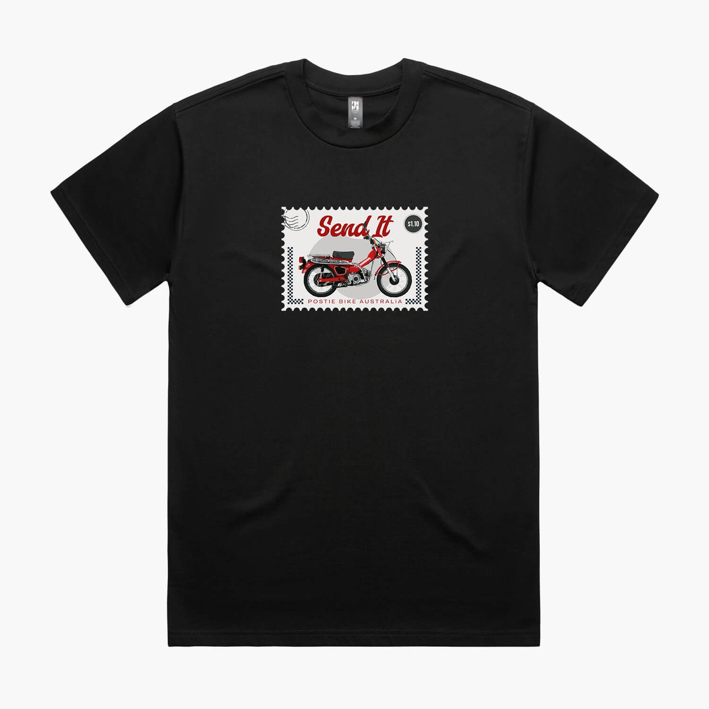 Black oversized t-shirt with a postage stamp print featuring a Honda Postie Bike