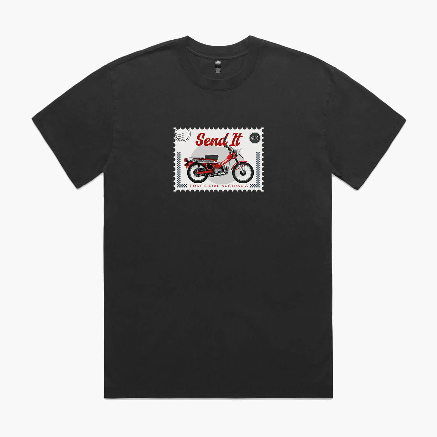 Faded black t-shirt with a postage stamp print featuring a Honda Postie Bike