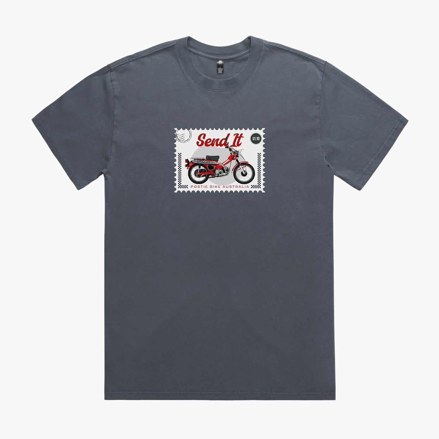 Faded indigo t-shirt with a postage stamp print featuring a Honda Postie Bike