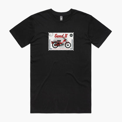 Black t-shirt with a postage stamp print featuring a Honda Postie Bike