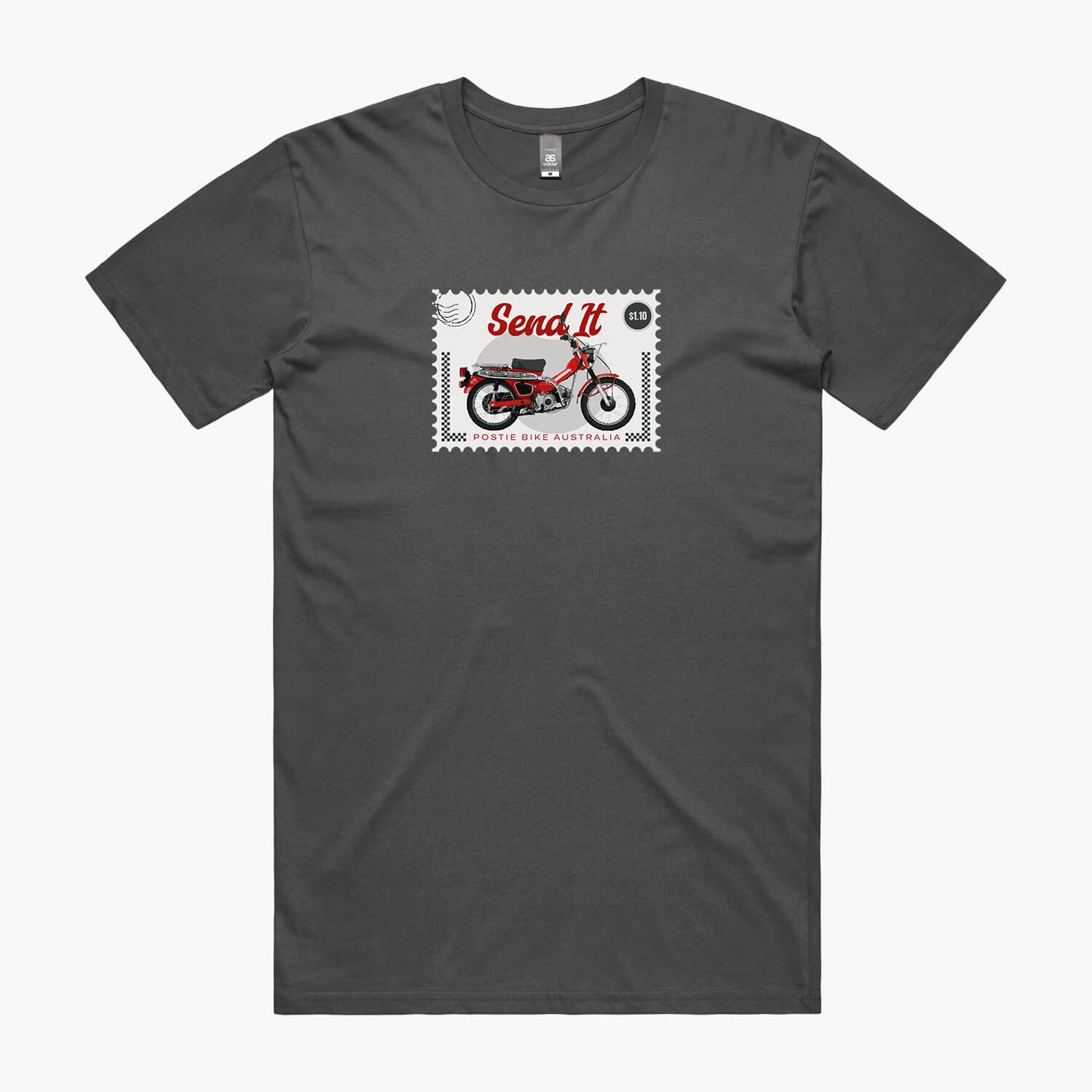 Charcoal t-shirt with a postage stamp print featuring a Honda Postie Bike