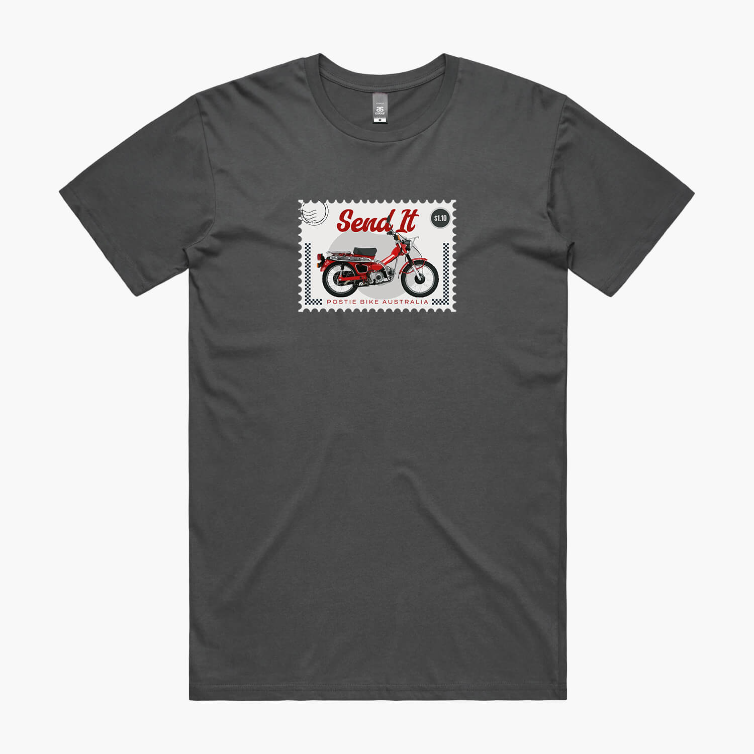 Charcoal t-shirt with a postage stamp print featuring a Honda Postie Bike