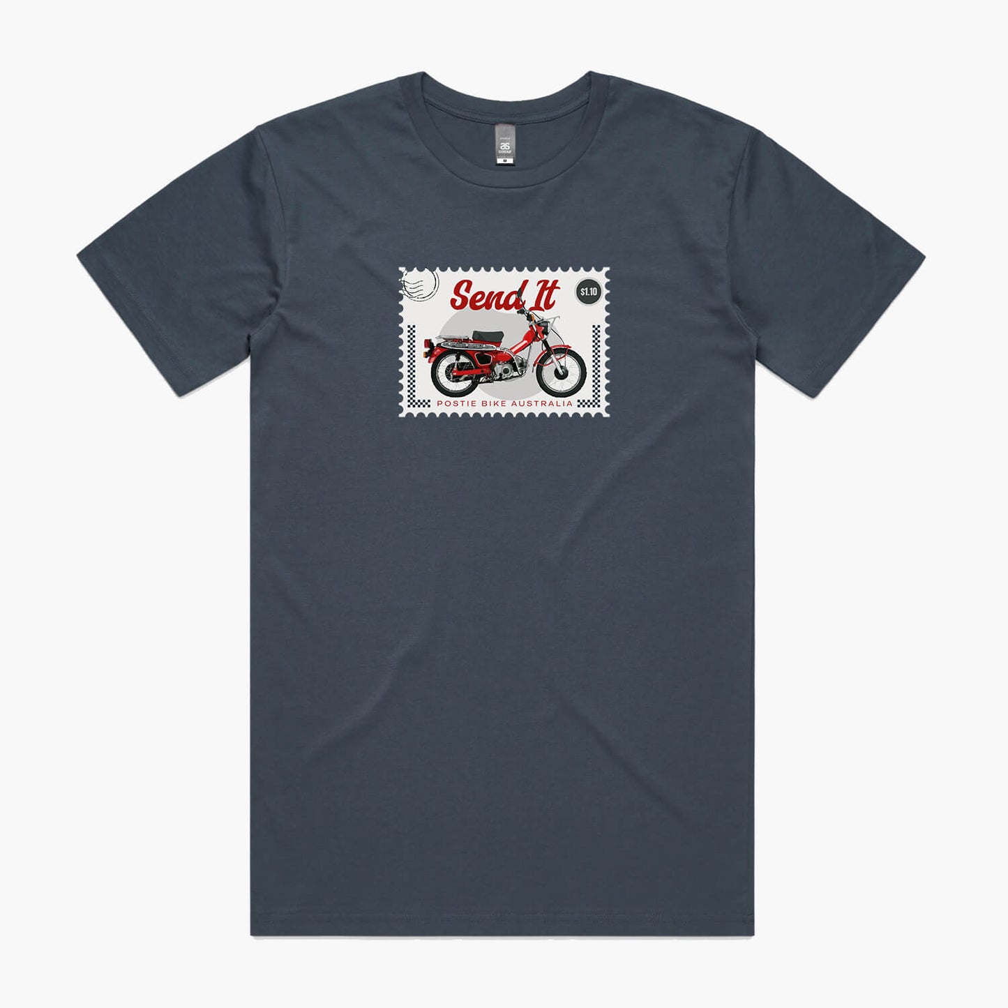 Petrol blue t-shirt with a postage stamp print featuring a Honda Postie Bike