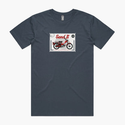 Petrol blue t-shirt with a postage stamp print featuring a Honda Postie Bike