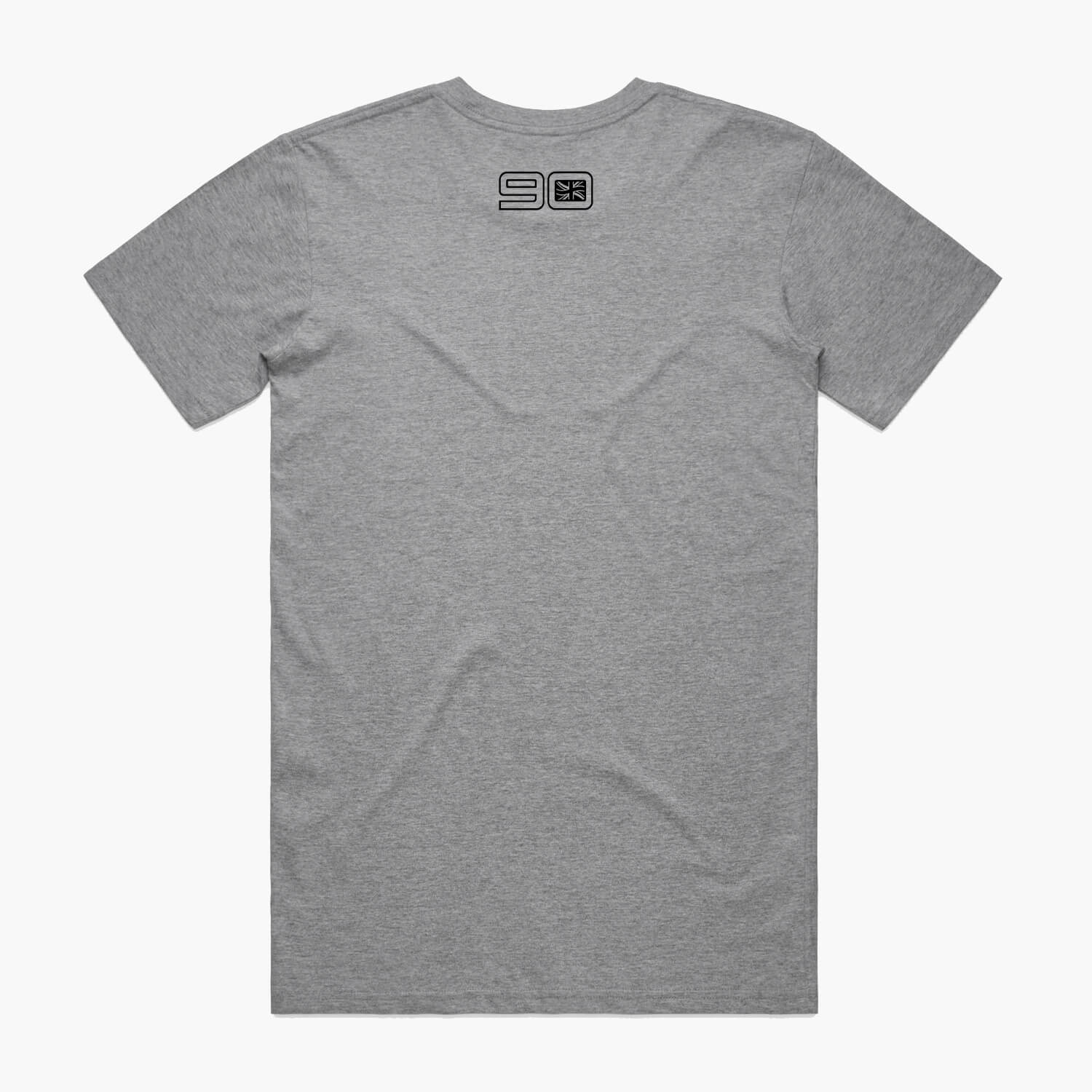 Rear view of a grey marle coloured t-shirt with small 90 neck logo.