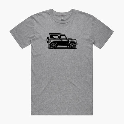 Grey marle coloured t-shirt with a black Land Rover Defender 90 print.