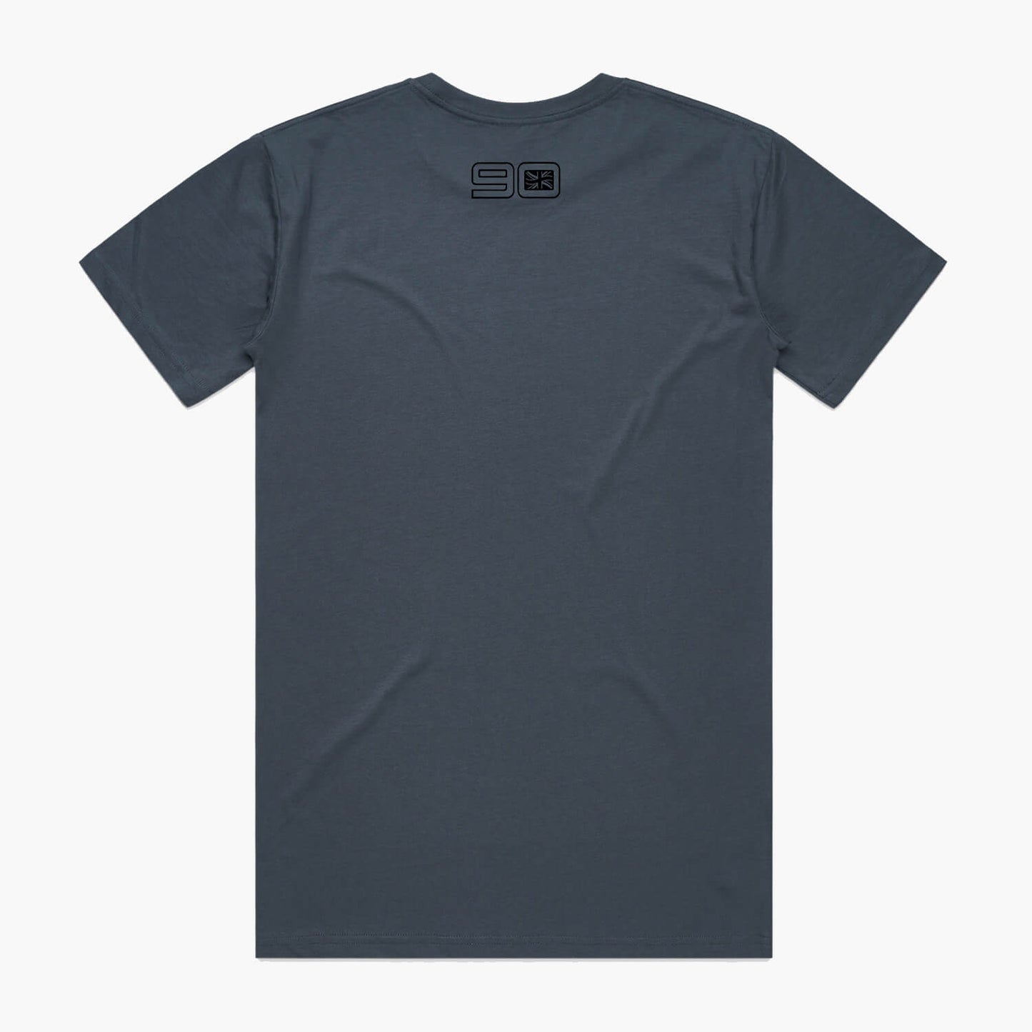 Rear view of a petrol blue coloured t-shirt with small 90 neck logo.