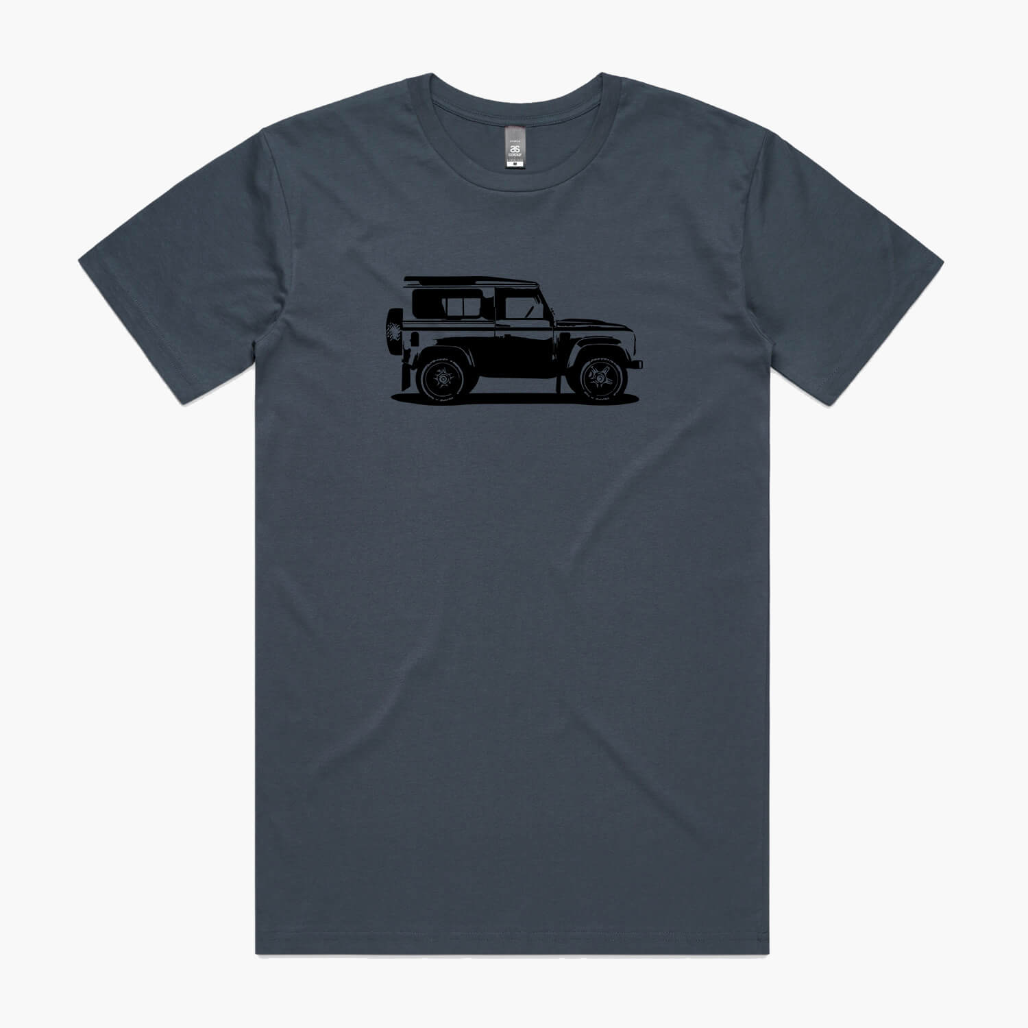 Petrol blue coloured t-shirt with a black Land Rover Defender 90 print.