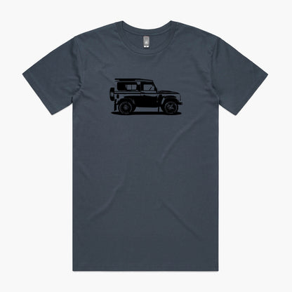 Petrol blue coloured t-shirt with a black Land Rover Defender 90 print.