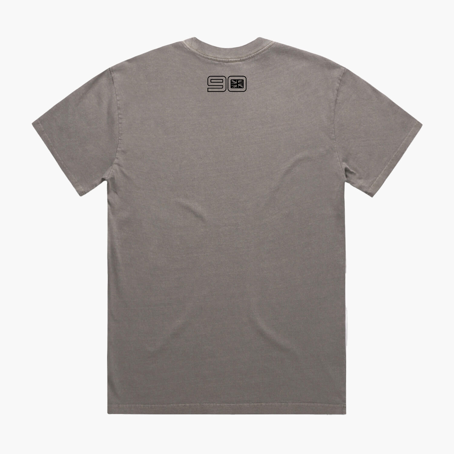 Rear view of a faded grey coloured t-shirt with small 90 neck logo.