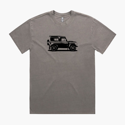 Faded grey coloured t-shirt with a black Land Rover Defender 90 print.