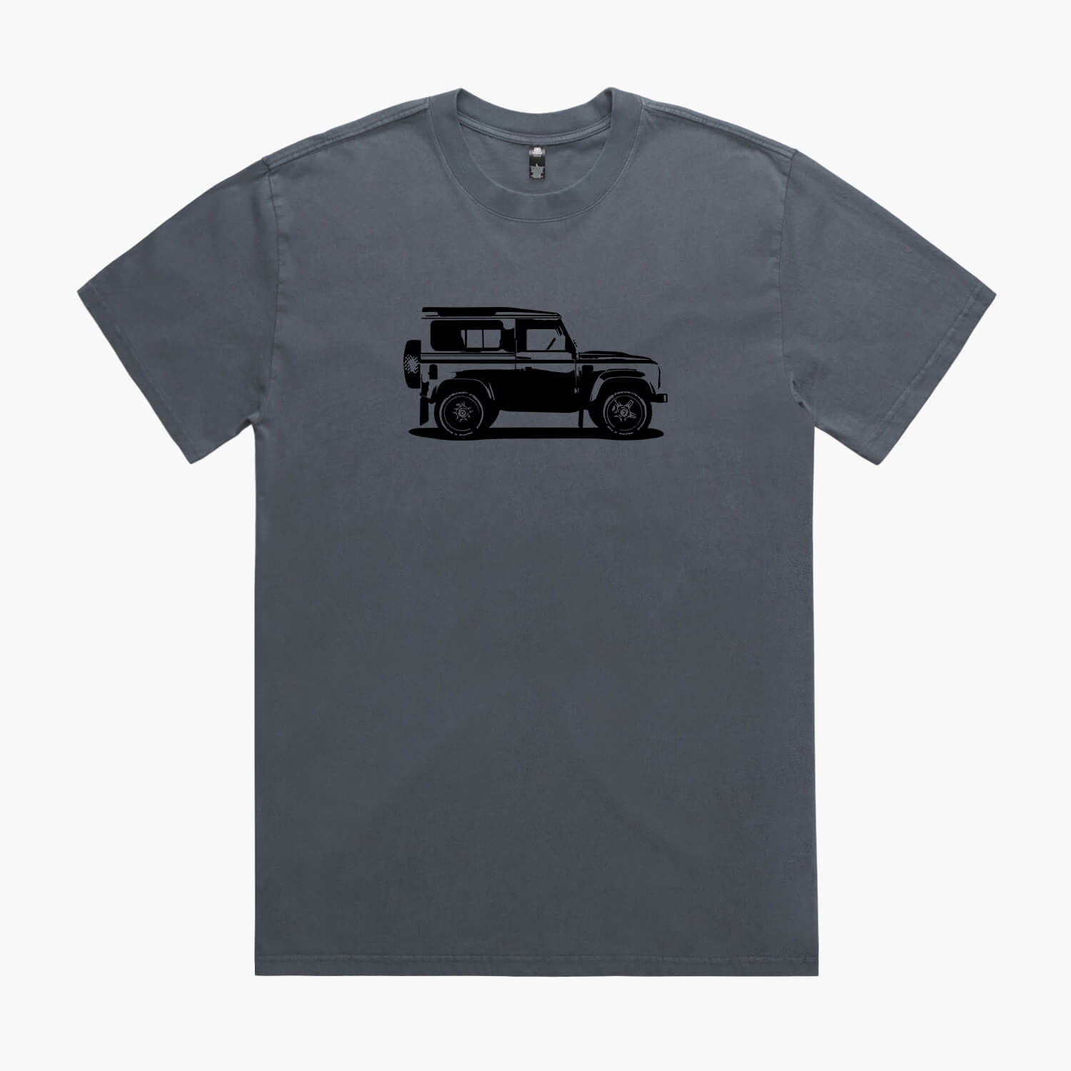 Indigo coloured t-shirt with a black Land Rover Defender 90 print.